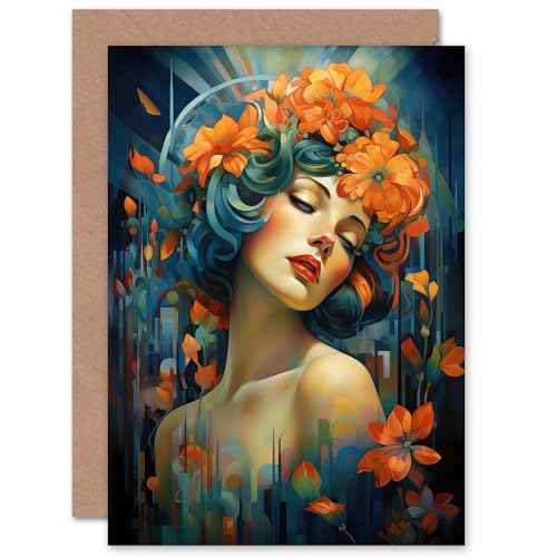 Woman Portrait With Flowers Modern Art Deco for Wife Her Mum Sister Daughter Mom Gran Nan Birthday Thank You Congratulations Blank Art Greeting Card von Artery8