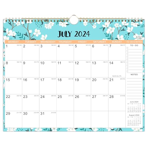 Kalender 2024 UK – 12 Monats-Wandkalender mit dickem Papier, Kalender 2024, 37 x 29 cm, Januar 2024 – Dez. 2024, Doppeldrahtbindung, Haken zum Aufhängen, groß, gemischte Farben, linierte Blöcke von Artfan