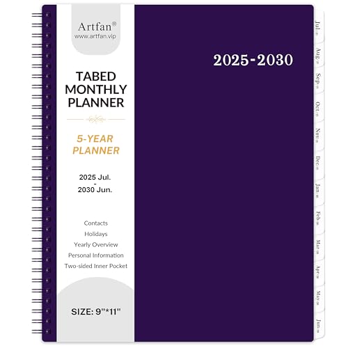 Monatsplaner 2025-2030, Monatsplaner 5 Jahre Monatsplaner von Juli 2025 - Juni 2030, 60 Monatsplaner, 22,9 x 27,9 cm, Monatskalender 2025-2030 mit Registerkarten + doppelseitiger Tasche + robuster von Artfan