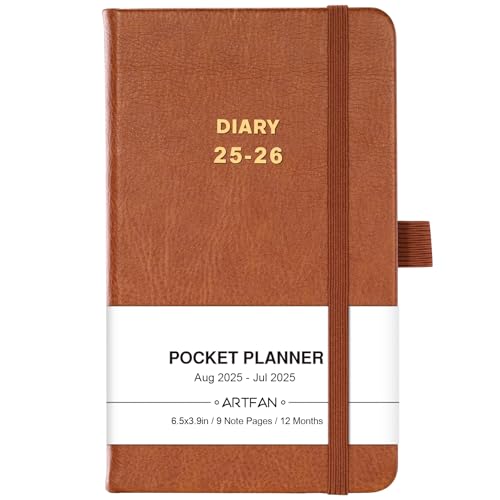 Taschenkalender 2025/2026 - A6 Terminplaner 2025-2026 Wochenansicht von August 2025 bis Juli 2026, Innentasche, brauner Ledereinband von Artfan