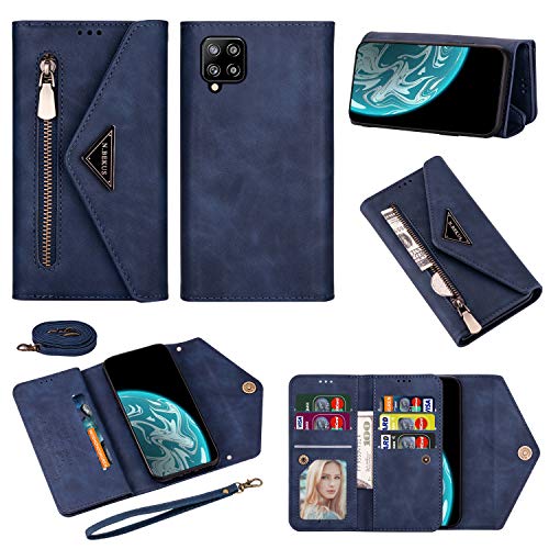 Artfeel Brieftasche Handykette Hülle für Samsung Galaxy A12 5G,Leder Reißverschluss Geldbörse Crossbody Umhängeband Handyhülle mit Kartenhalter,Schultergurt,Handschlaufe-Blau von Artfeel