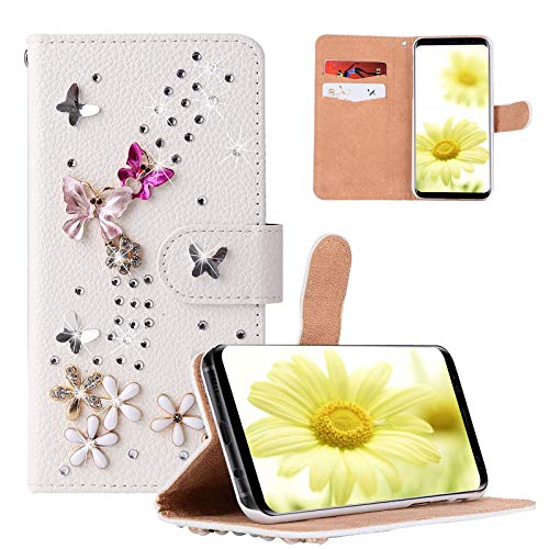 Artfeel Glitzer Brieftasche Hülle Kompatibel mit iPhone 13 6.1 Zoll,Mädchen Frauen Weiß Leder Geldbörse Handyhülle Bunt 3D Schmetterling Glänzend Diamant Strass Blume Hülle von Artfeel