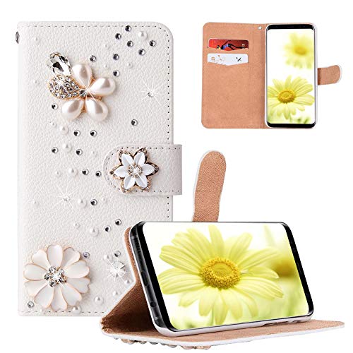 Artfeel Glitzer Brieftasche Hülle Kompatibel mit iPhone 13 Pro 6.1 Zoll,Mädchen Frauen Weiß Leder Geldbörse Handyhülle Handgefertigt 3D Perle Blume Bling Glänzend Diamant Strass Hülle von Artfeel