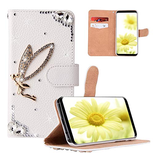 Artfeel Glitzer Brieftasche Hülle Kompatibel mit iPhone 13 Pro Max 6.7 Zoll,Mädchen Frauen Weiß Leder Geldbörse Handyhülle Funkeln Glänzend Diamant 3D Golden Engel Kristall Strass Hülle von Artfeel