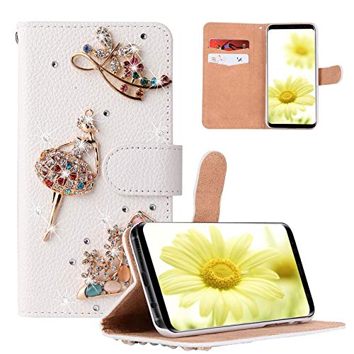 Artfeel Glitzer Brieftasche Hülle Kompatibel mit iPhone 13 Pro Max 6.7 Zoll,Mädchen Frauen Weiß Leder Geldbörse Handyhülle Handgefertigt 3D Glänzend Diamant Strass Mädchen High Heels Hülle von Artfeel