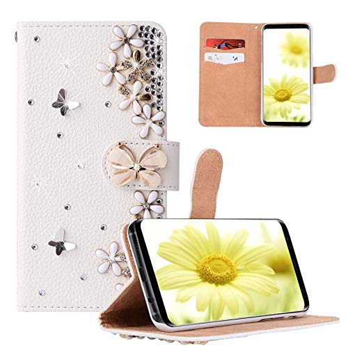 Artfeel Glitzer Brieftasche Hülle für Samsung Galaxy A52 5G,Mädchen Frauen Weiß Leder Geldbörse Kartenhalter Stand Handyhülle Bling Glänzend Diamant Strass 3D Schmetterling Blume Hülle von Artfeel