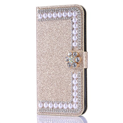 Artfeel Glitzer Brieftasche Hülle für Samsung Galaxy A6 2018, Bling Diamant 3D Perle Flip Leder Handytasche mit Kartenhalter,Kristall Strass Blume Magnetverschluss Stand Hülle-Perle Gold von Artfeel