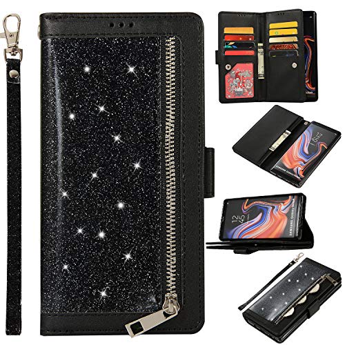 Artfeel Glitzer Reißverschluss Brieftasche Hülle für Samsung Galaxy Note 9,Bling Glänzend Leder Handytasche mit 9 Kartenfächer,Flip Magnetisch Stand Schutzhülle mit Handschlaufe-Schwarz von Artfeel