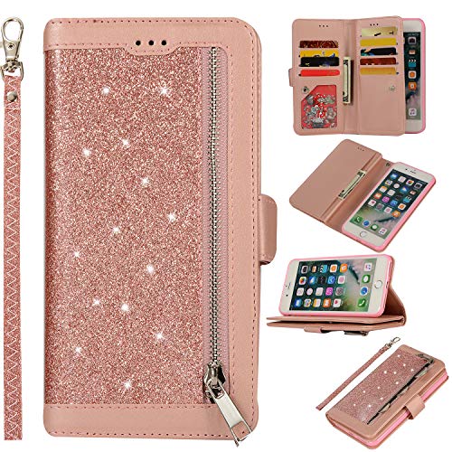 Artfeel Glitzer Reißverschluss Brieftasche Hülle für iPhone 7 Plus/iPhone 8 Plus,Bling Glänzend Leder Handytasche mit 9 Kartenfächer,Flip Magnetisch Stand Schutzhülle mit Handschlaufe-Roségold von Artfeel