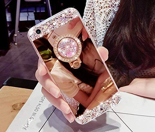 Artfeel Glitzer Spiegel Hülle für Huawei Mate 20 Lite, Bling Glänzend Diamant Strass mit Ring Halter Ständer Handyhülle,Ultra Dünn klar Weich Silikon Make Up Spiegel Hülle-Rose Gold von Artfeel