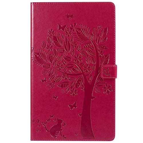 Artfeel Hülle Kompatibel mit Amazon Fire HD 10 2017,Geprägt Baum Katze Slim Leder Brieftasche Stand Schutzhülle Flip Magnetisch Smart Auto Wach/Schlaf Hülle,Schmetterling Rose Rot von Artfeel