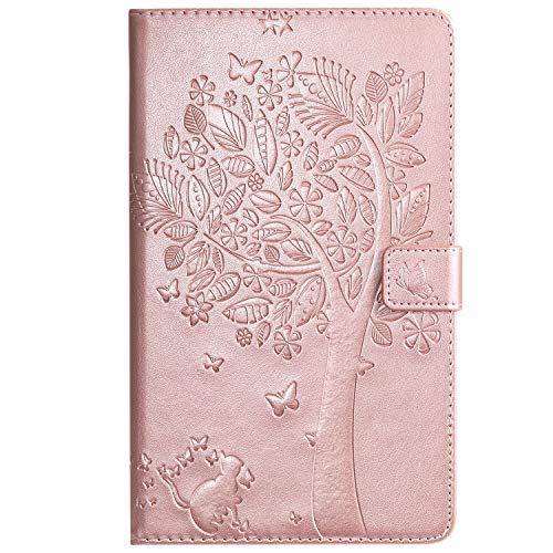 Artfeel Hülle Kompatibel mit Samsung Galaxy Tab A 8.0 Zoll 2019 T290 T295,Geprägt Baum Katze Slim Leder Magnetisch Brieftasche Schutzhülle mit Kartenhalter Ständer Flip Hülle,Schmetterling Roségold von Artfeel