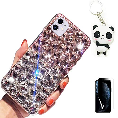 Artfeel Hülle für Samsung Galaxy A51,Bling Glitzer Funkeln Diamant Glänzend Kristall Strass Edelsteine Handyhülle mit Süße Panda Schlüsselanhänger und Displayschutzfolie,Rosa + Weiß von Artfeel