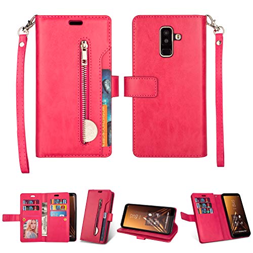 Artfeel Hülle für Samsung Galaxy A6 Plus 2018 Flip Brieftasche Hülle Rose Rot mit 9 Kartenfächer,Premium Leder Magnetisch Stand Handyhülle mit Reißverschluss Tasche und Handschlaufe Schutzhülle von Artfeel