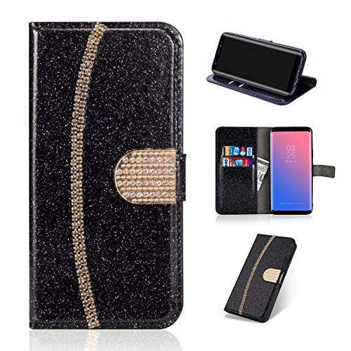 Artfeel Leder Brieftasche Hülle für Huawei P20 Lite, Glitzer Kristall Strass Flip Handyhülle mit Kartenhalter,Bling Diamant Magnetverschluss Bookstyle Stand Hülle-Funkeln Schwarz von Artfeel