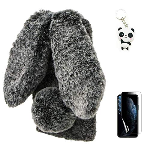 Artfeel Plüsch Kaninchen Hülle für Samsung Galaxy A12,Niedlich Pelzig Hase Ohren Haarballen Weich Flauschige Winter Warm Handyhülle Faux Pelz Glitzer Diamant Silikon Hülle,Schwarz von Artfeel