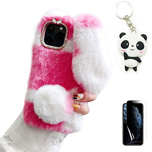 Artfeel Plüsch Kaninchen Hülle für Samsung Galaxy A51,Niedlich Pelzig Hase Ohren Haarball Weich Flauschige Winter Warm Handyhülle Glitzer Diamant Strass Silikon Hülle,Rosa Weiß von Artfeel