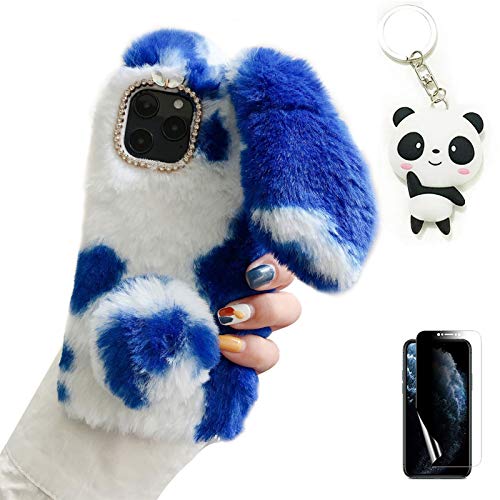 Artfeel Plüsch Kaninchen Hülle für iPhone 11 6.1 Zoll,Niedlich Pelzig Hase Ohren Haarball Weich Flauschige Winter Warm Handyhülle Glitzer Diamant Strass Silikon Hülle,Blau Weiß von Artfeel