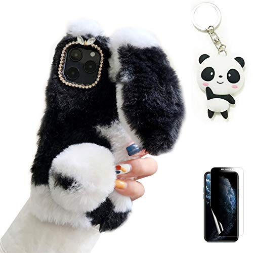 Artfeel Plüsch Kaninchen Hülle für iPhone 11 6.1 Zoll,Niedlich Pelzig Hase Ohren Haarball Weich Flauschige Winter Warm Handyhülle Glitzer Diamant Strass Silikon Hülle,Schwarz Weiß von Artfeel