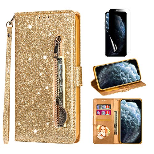 Artfeel Reißverschluss Brieftasche Hülle Kompatibel mit iPhone 12/iPhone 12 Pro 6.1 Zoll,Bling Glitzer Leder Handyhülle mit Kartenhalter,Flip Magnetverschluss Stand Hülle mit Handschlaufe-Gold von Artfeel