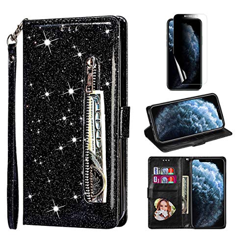 Artfeel Reißverschluss Brieftasche Hülle Kompatibel mit iPhone 12 Pro Max 6.7 Zoll,Bling Glitzer Leder Handyhülle mit Kartenhalter,Flip Magnetverschluss Stand Hülle mit Handschlaufe-Schwarz von Artfeel