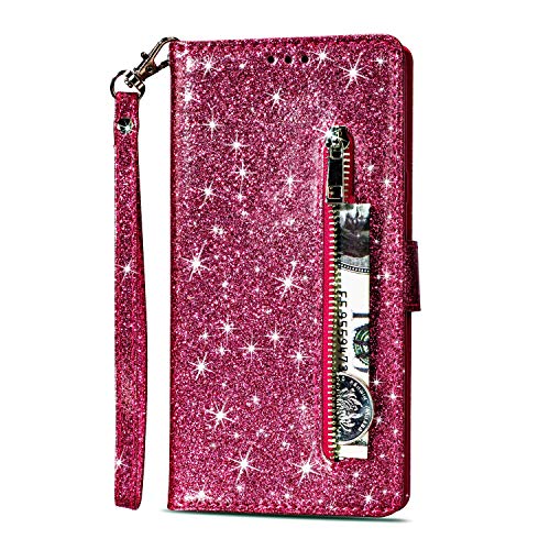 Artfeel Reißverschluss Brieftasche Hülle für Huawei Mate 10 Lite, Bling Glitzer Leder Handyhülle mit Kartenhalter,Flip Magnetverschluss Stand Schutzhülle mit Tasche und Handschlaufe-Rose Rot von Artfeel