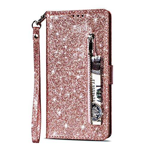 Artfeel Reißverschluss Brieftasche Hülle für Huawei Mate 20 Lite, Bling Glitzer Leder Handyhülle mit Kartenhalter,Flip Magnetverschluss Stand Schutzhülle mit Tasche und Handschlaufe-Roségold von Artfeel