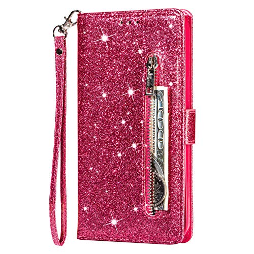 Artfeel Reißverschluss Brieftasche Hülle für Samsung Galaxy A12 5G,Bling Glitzer Leder Handyhülle mit Kartenhalter,Flip Magnetverschluss Stand Schutzhülle mit Handschlaufe-Rose Rot von Artfeel