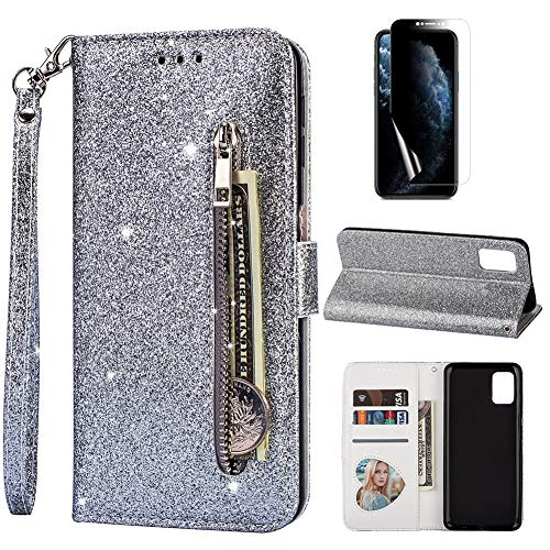 Artfeel Reißverschluss Brieftasche Hülle für Samsung Galaxy A41,Bling Glitzer Leder Handyhülle mit Kartenhalter,Flip Magnetverschluss Stand Schutzhülle mit Handschlaufe-Silber von Artfeel