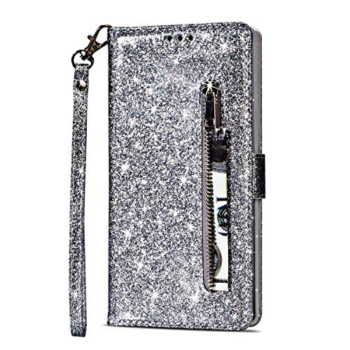 Artfeel Reißverschluss Brieftasche Hülle für Samsung Galaxy A8 2018, Bling Glitzer Leder Handyhülle mit Kartenhalter,Flip Magnetverschluss Stand Schutzhülle mit Tasche und Handschlaufe-Silber von Artfeel