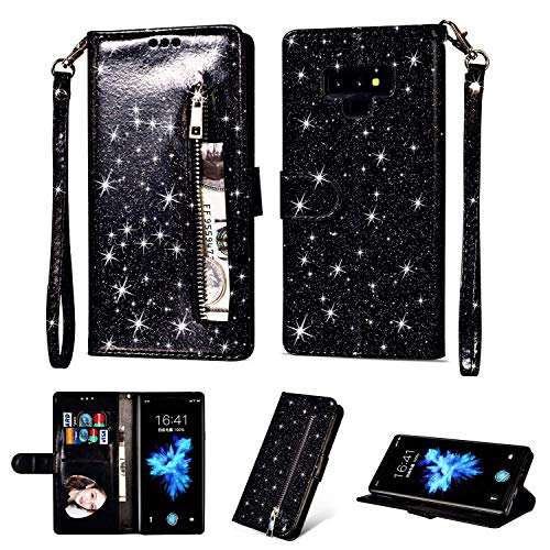 Artfeel Reißverschluss Brieftasche Hülle für Samsung Galaxy Note 9, Bling Glitzer Leder Handyhülle mit Kartenhalter,Flip Magnetverschluss Stand Schutzhülle mit Tasche und Handschlaufe-Schwarz von Artfeel