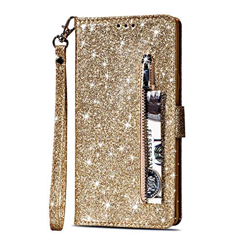 Artfeel Reißverschluss Brieftasche Hülle für Samsung Galaxy S9, Bling Glitzer Leder Handyhülle mit Kartenhalter,Flip Magnetverschluss Stand Schutzhülle mit Tasche und Handschlaufe-Gold von Artfeel