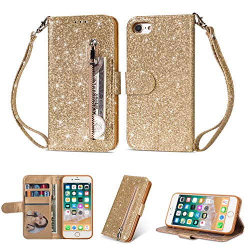 Artfeel Reißverschluss Brieftasche Hülle für iPhone 6,iPhone 6S Bling Glitzer Leder Handyhülle mit Kartenhalter,Flip Magnetverschluss Stand Schutzhülle mit Tasche und Handschlaufe-Gold von Artfeel