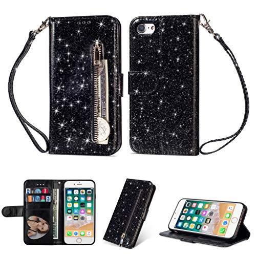 Artfeel Reißverschluss Brieftasche Hülle für iPhone 6,iPhone 6S Bling Glitzer Leder Handyhülle mit Kartenhalter,Flip Magnetverschluss Stand Schutzhülle mit Tasche und Handschlaufe-Schwarz von Artfeel