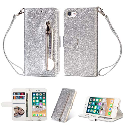 Artfeel Reißverschluss Brieftasche Hülle für iPhone 6,iPhone 6S Bling Glitzer Leder Handyhülle mit Kartenhalter,Flip Magnetverschluss Stand Schutzhülle mit Tasche und Handschlaufe-Silber von Artfeel