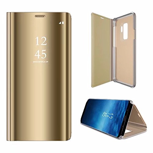 Artfeel Spiegel Hülle für Samsung Galaxy A6 Plus 2018,Samsung Galaxy A6 Plus 2018 Handyhülle Leder Gold Schutzhülle, Slim Hart Flip Stoßfest Schale Stand Make Up Spiegel klar Abdeckung von Artfeel