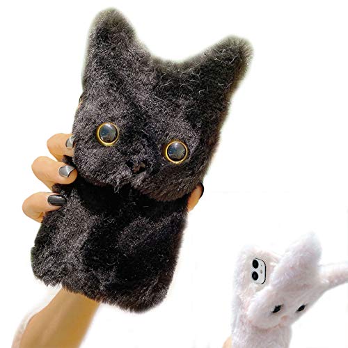 Artfeel Weich Plüsch Hülle für Samsung Galaxy A12 5G,Niedlich Pelzig 3D Katze Ohren Winter Warm Handyhülle Süß Flauschige Haar Karikatur Tier Ständer Schutzhülle für Mädchen Frauen,Schwarz Katze von Artfeel