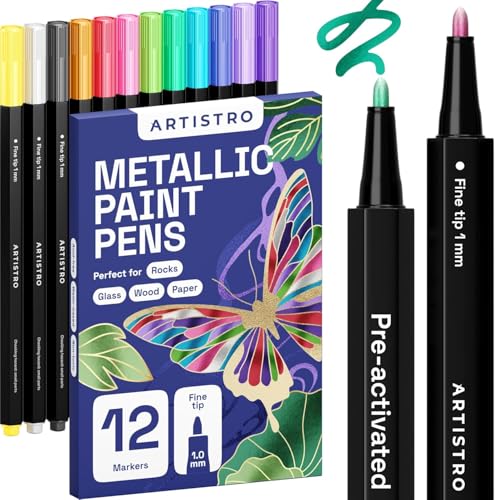 Artistro 12 Metallic Marker Stifte Metallischen Marker mit Feine Spitze, Metallic-Acrylfarbstifte, Acrylstifte verschiedene Oberflächen - Multimarker Acryl für Kinder & Erwachsene von Artistro