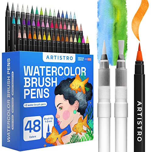 Artistro Aquarellstifte, 48 Brush Pen Set + 2 Wasserstifte. Lebendige Farben, Pinselstifte Set für Künstler und Erwachsene. Wasserfarben Stifte für Illustrationen, Kalligraphie und Aquarelleffekte von Artistro