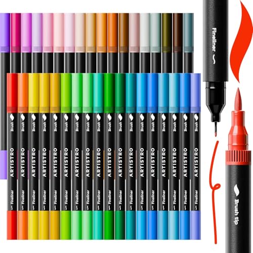 Artistro Marker mit Doppelspitze – 36 Malmarker – Marker mit Pinselspitze und 0,4 mm Fineliner – Malmarker für Erwachsene, Bullet Journal-Stifte, Marker für Malbücher für Erwachsene, kein Auslaufen von Artistro