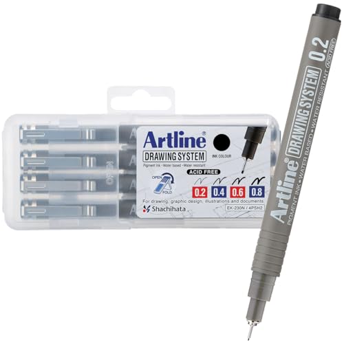 Artline Drawing System Stifte, 0,1, 0,3, 0,5, 0,7 mm Strichbreite, Schwarz, 4 Stück (EK-230-4PW1) Übliche Größe von Artline