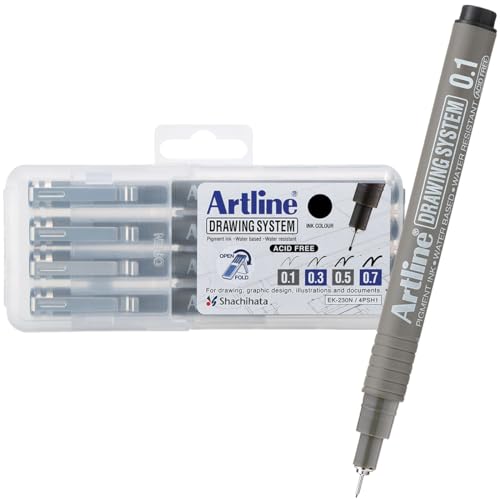 Artline Drawing System Stifte, 0,1, 0,3, 0,5, 0,7 mm Strichbreite, Schwarz, 4 Stück (EK-230-4PW1) Unübliche Größe von Artline
