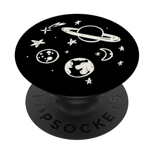 Whimsical Space Doodle Planeten Mond Sterne Schwarz und Weiß PopSockets Klebender PopGrip von Artsy Chalk Drawn Universe Out of This World Gifts