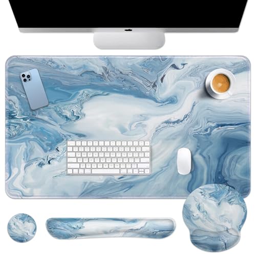 Arttown Blau-weißer Farbverlauf, Schreibtischunterlage, abstraktes Ozean-Marmor-Mauspad-Set, 4-in-1, ergonomisches Design, großes Mauspad + Tastatur-Handgelenkauflage + Maus-Handgelenkauflage + Arttown Blau-weißer Farbverlauf, Schreibtischunterlage, abstraktes Ozean-Marmor-Mauspad-Set, 4-in-1, ergonomisches Design, großes Mauspad + Tastatur-Handgelenkauflage + Maus-Handgelenkauflage + von Arttown