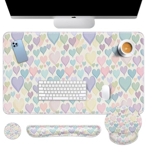 Arttown Bunte Herz-Schreibtischunterlage, romantisches Mauspad-Set, 4-in-1, niedliches ergonomisches Design, große Schreibtischunterlage + Tastatur-Handgelenkauflage + Maus-Handgelenkauflage + Arttown Bunte Herz-Schreibtischunterlage, romantisches Mauspad-Set, 4-in-1, niedliches ergonomisches Design, große Schreibtischunterlage + Tastatur-Handgelenkauflage + Maus-Handgelenkauflage + von Arttown