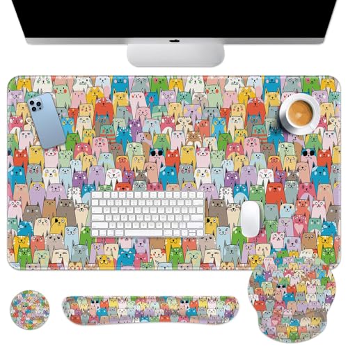 Arttown Niedliche bunte Katzen-Schreibtischunterlage, Tier-Mauspad-Set, 4-in-1, Kawaii, ergonomisches Design, große Schreibtischunterlage + Tastatur-Handgelenkauflage + Maus-Handgelenkauflage + Arttown Niedliche bunte Katzen-Schreibtischunterlage, Tier-Mauspad-Set, 4-in-1, Kawaii, ergonomisches Design, große Schreibtischunterlage + Tastatur-Handgelenkauflage + Maus-Handgelenkauflage + von Arttown