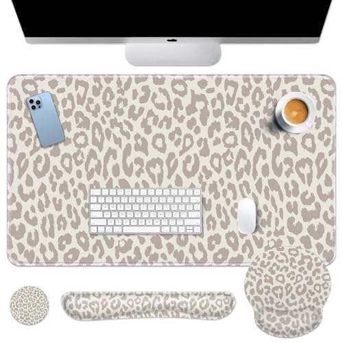 Arttown Schreibtischunterlage, Leopardenmuster, Hellkhaki, Tierhaut, Mauspad-Set, 4-in-1, ergonomisches Design, große Schreibtischunterlage + Tastatur-Handgelenkauflage + Maus-Handgelenkauflage + Arttown Schreibtischunterlage, Leopardenmuster, Hellkhaki, Tierhaut, Mauspad-Set, 4-in-1, ergonomisches Design, große Schreibtischunterlage + Tastatur-Handgelenkauflage + Maus-Handgelenkauflage + von Arttown