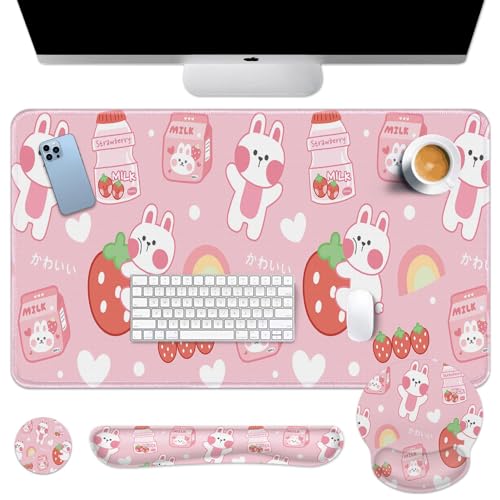Arttown Schreibtischunterlage mit niedlichem Hasen-Erdbeer-Motiv, rosa Liebes-Mauspad-Set mit Handgelenkstütze, 4-in-1 großes Mauspad, Tastatur-Handgelenkauflage, Maus-Handgelenkauflage, Untersetzer von Arttown