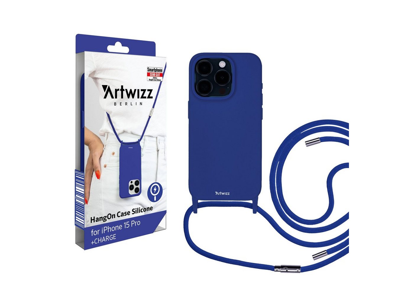 Artwizz Handykette HangOn Case Silicone +CHARGE Handykette mit Ladefunktion, Blau, iPhone 15 Pro von Artwizz