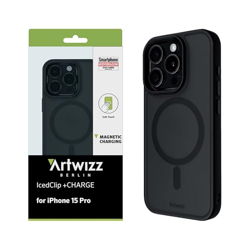 Artwizz IcedClip +Charge Hülle kompatibel mit iPhone 15 Pro - Mattes Vereistes Design, Rückseite mit Soft-Touch, Stoßfeste Schutzhülle, Night-Black von Artwizz